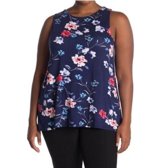 LEMON TART NEW $58 Floral Print Back Slit Lucy Tank in Navy Large - Picture 1 of 2